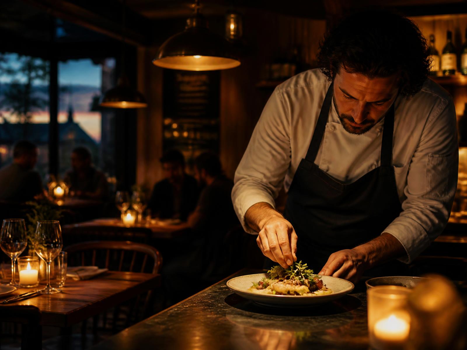 Chef plating a dish in the candlelit Riverstone Bistro dining room in Austin